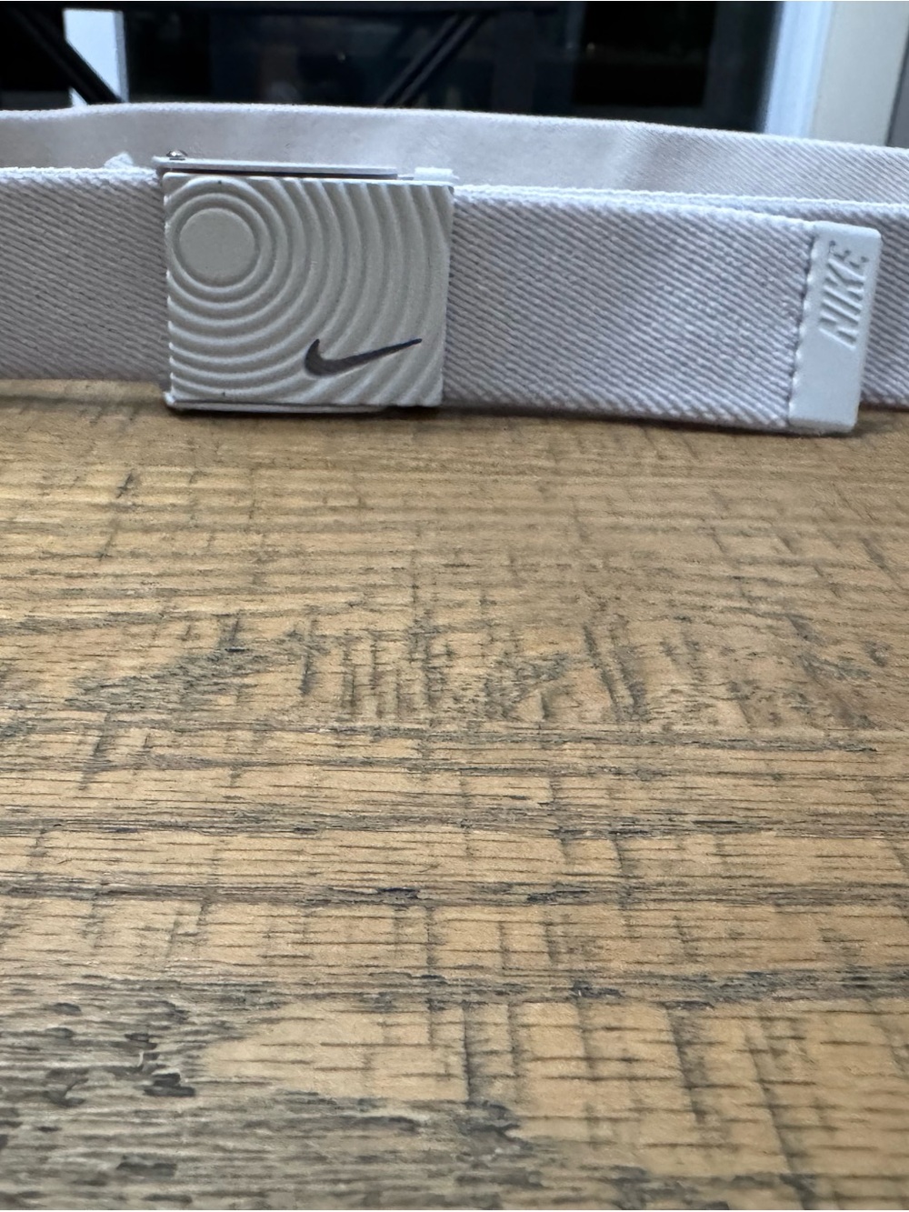 Nike White Webbing Belt with Silver-Tone Buckle and Swoosh